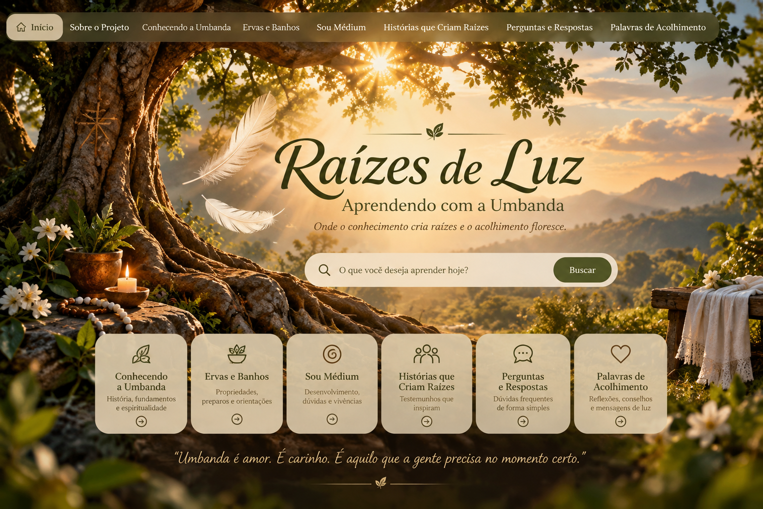 Árvore de raízes profundas iluminada pelo sol, com três penas, símbolo do Raízes de Luz