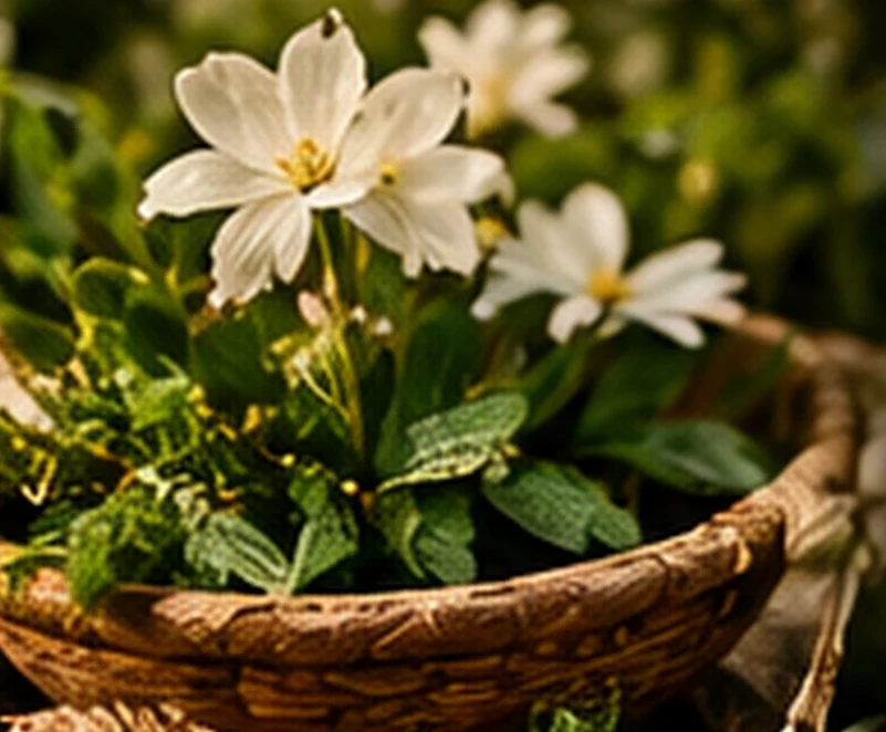 Ervas frescas e flores em tigelas de barro