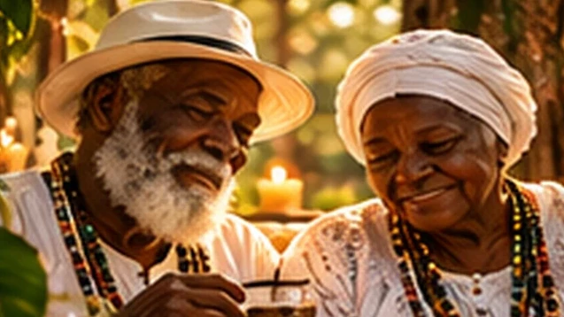 Preto Velho e Preta Velha com expressões de ternura e acolhimento